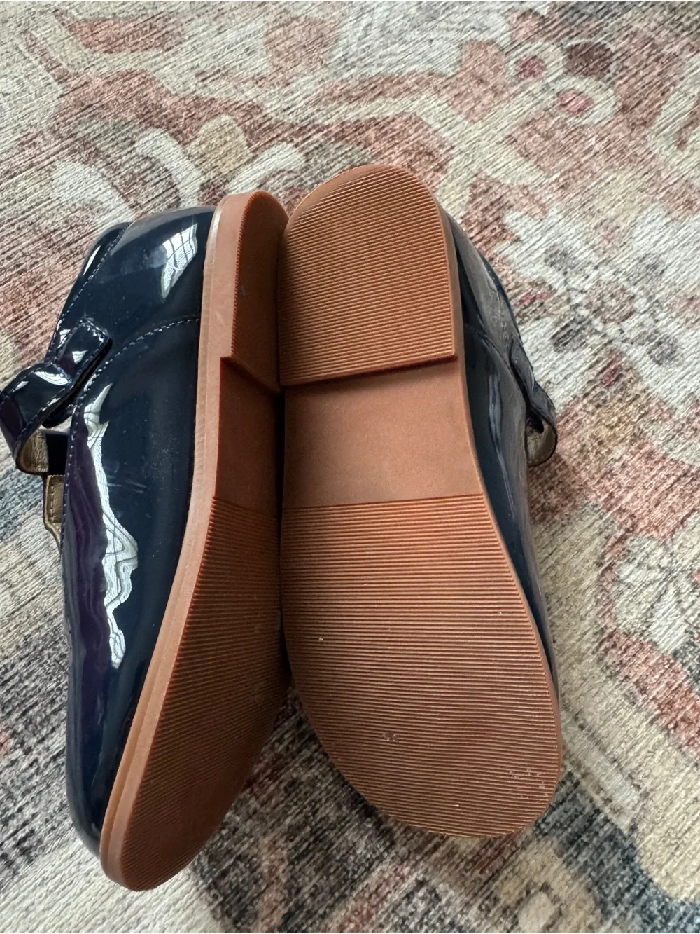 Girls Navy Patent T-Strap Dress Shoes with Perforated Detail